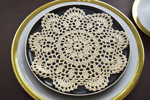 crochet round doily. 8" round wheat color. 6 pieces